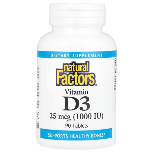 Natural Factors, Солнечный витамин D3, 25 мкг (1000 МЕ), 90 таблеток