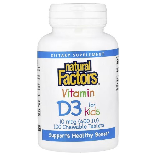Natural Factors, витамин D3 для детей, клубничный вкус, 10 мкг (400 МЕ), 100 жевательных таблеток
