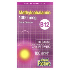 Natural Factors, B12, метилкобаламин, 1000 мкг, 180 жевательных таблеток