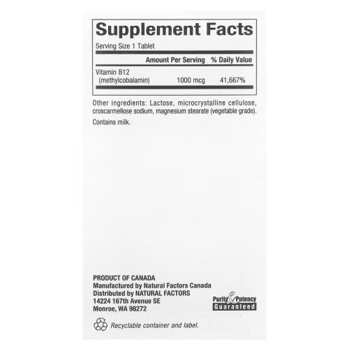 Natural Factors, B12, метилкобаламин, 1000 мкг, 180 жевательных таблеток