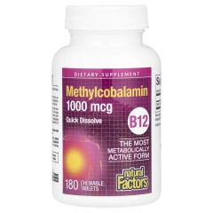 Natural Factors, B12, метилкобаламин, 1000 мкг, 180 жевательных таблеток