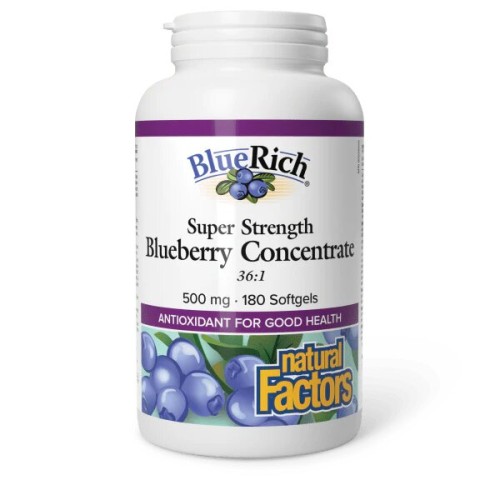 Natural Factors, BlueRich, супер эффективность, концентрат черники, 500 мг, 180 мягких желатиновых капсул