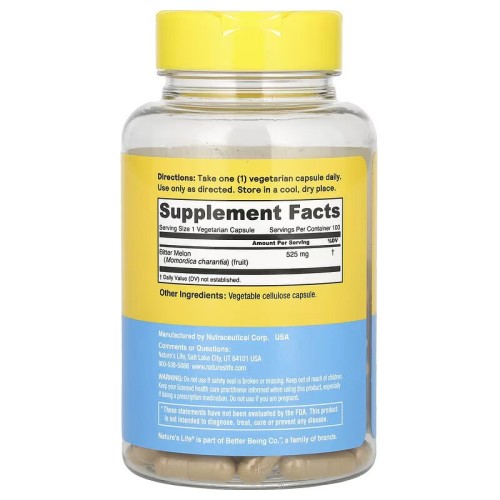 Nature's Life, Горькая дыня, 525 мг, 100 капсул