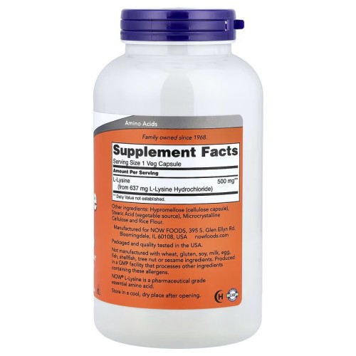 NOW Foods, L-лизин, 500 мг, 250 вегетарианских капсул