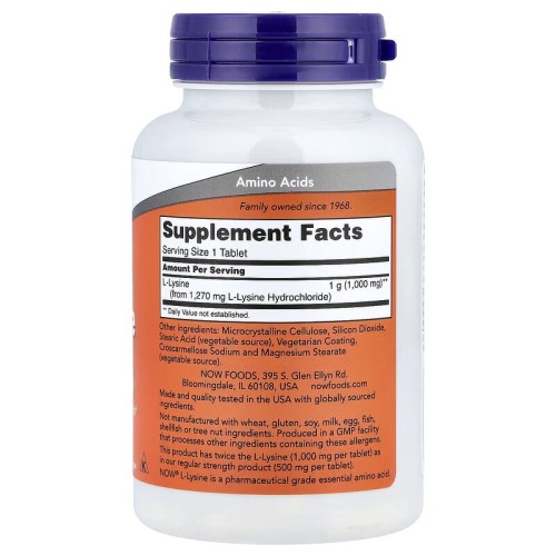NOW Foods, L-лизин, 1000 мг, 100 таблеток