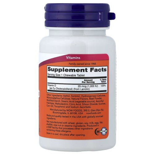 NOW Foods, жевательный витамин D3, фруктовый вкус, 1000 МЕ, 180 жевательных таблеток