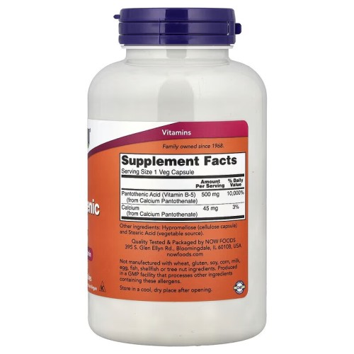 NOW Foods, Пантотеновая кислота, 500 мг, 250 растительных капсул