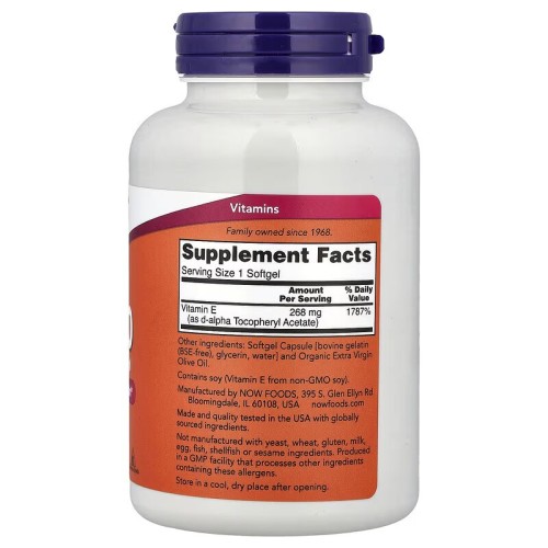 NOW Foods, натуральный витамин E-400, 268 мг, 250 капсул