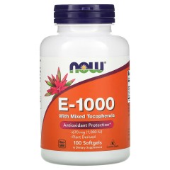 NOW Foods, E-1000, витамин E со смешанными токоферолами, 670 мг (1000 МЕ), 100 капсул (100 порций)