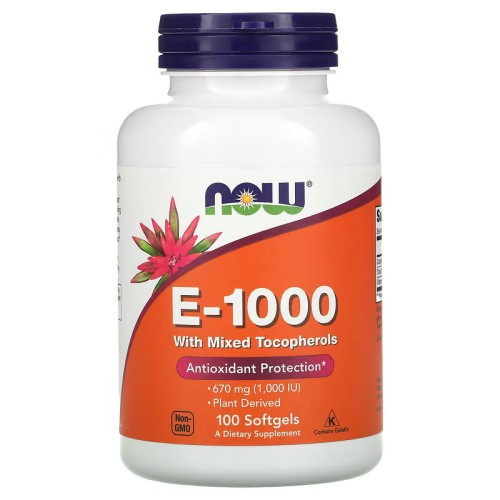 NOW Foods, E-1000, витамин E со смешанными токоферолами, 670 мг (1000 МЕ), 100 капсул (100 порций)