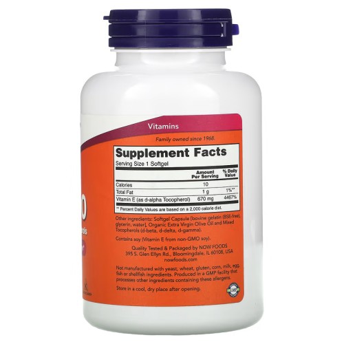 NOW Foods, E-1000, витамин E со смешанными токоферолами, 670 мг (1000 МЕ), 100 капсул (100 порций)