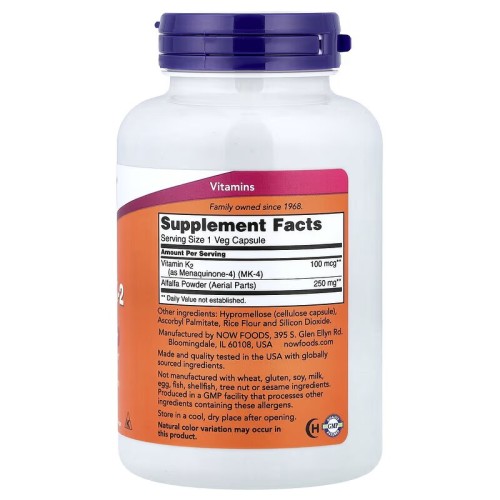 NOW Foods, витамин K-2, 100 мкг, 250 растительных капсул