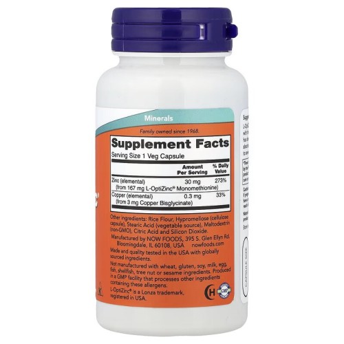 NOW Foods, L-OptiZinc, 30 мг, 100 вегетарианских капсул