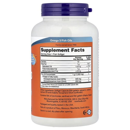 NOW Foods, Ультра омега-3, 500 ЭПК, 250 ДГК, 180 мягких таблеток из рыбьего желатина