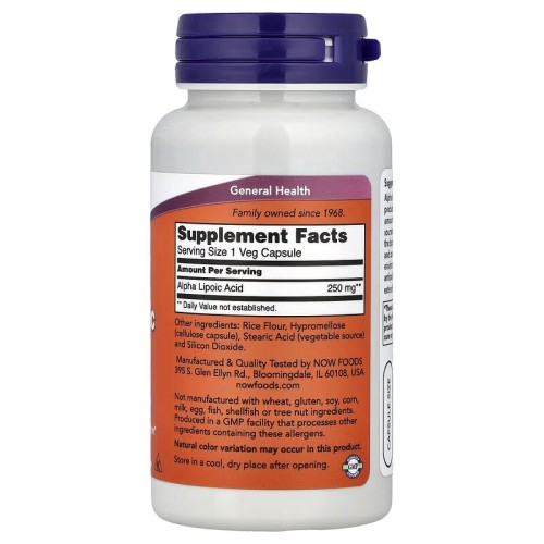 NOW Foods, Альфа-липоевая кислота, 250 мг, 60 растительных капсул