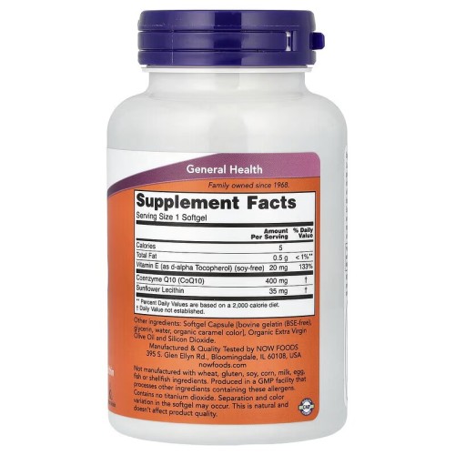 NOW Foods, коэнзим Q10 с витамином E и подсолнечным лецитином, 400 мг, 60 капсул