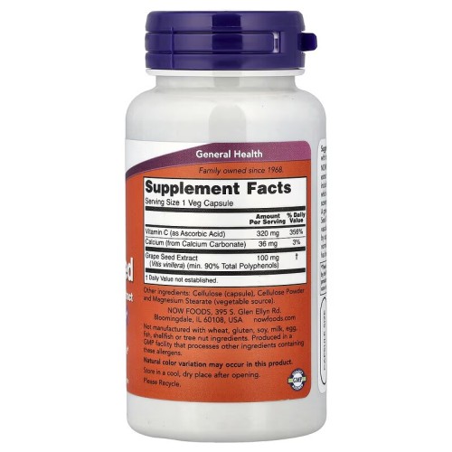 NOW Foods, Виноградные косточки, стандартизированный экстракт, 100 мг, 100 растительных капсул