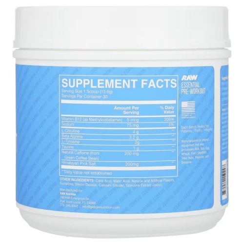 Raw Nutrition, Bum, предтренировочный комплекс, со вкусом голубой малины, 408 г (14,39 унции)