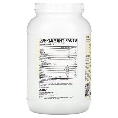 Raw Nutrition, изолят сывороточного протеина от коров травяного откорма, со вкусом ванили, 740 г (1,63 фунта)