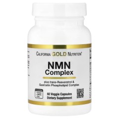 California Gold Nutrition, комплекс с NMN, транс-ресвератролом, фитосомным комплексом кверцетина, апигенином и лютеолином, 60 вегетарианских капсул