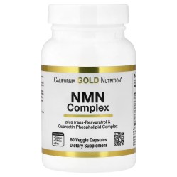 California Gold Nutrition, комплекс с NMN, транс-ресвератролом, фитосомным комплексом кверцетина, апигенином и лютеолином, 60 вегетарианских капсул