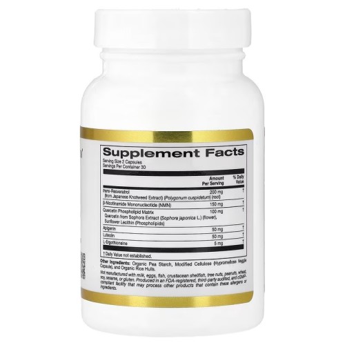 California Gold Nutrition, комплекс с NMN, транс-ресвератролом, фитосомным комплексом кверцетина, апигенином и лютеолином, 60 вегетарианских капсул