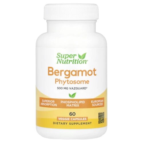 Super Nutrition, Bergamot Phytosome, фитосома бергамота с экстрактом бергамота, 500 мг, 60 растительных капсул