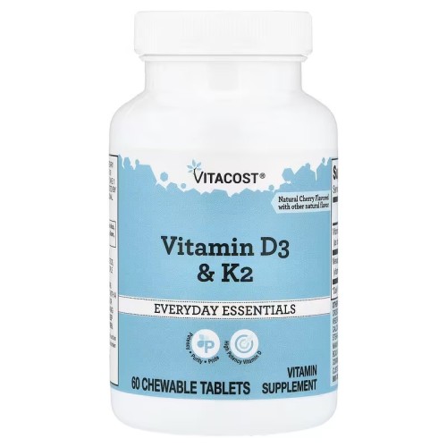 Vitacost, Everyday Essentials, витамины D3 и K2, натуральная вишня, 60 жевательных таблеток