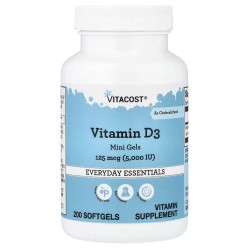 Vitacost, Everyday Essentials, витамин D3 в мини-капсулах, 125 мкг (5000 МЕ), 200 капсул