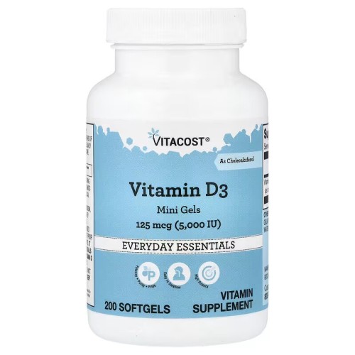 Vitacost, Everyday Essentials, витамин D3 в мини-капсулах, 125 мкг (5000 МЕ), 200 капсул